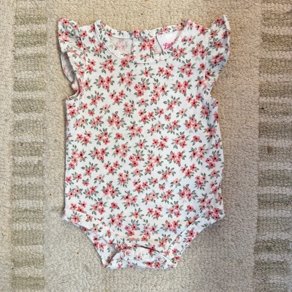 Little Lass White Pink Floral Ruffle Sleeve Baby Bodysuit